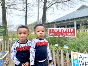 The boys in front of the Lafayette visitors center on our family vacation to Lafayette, LA. 