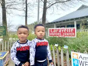 The boys in front of the Lafayette visitors center on our family vacation to Lafayette, LA.