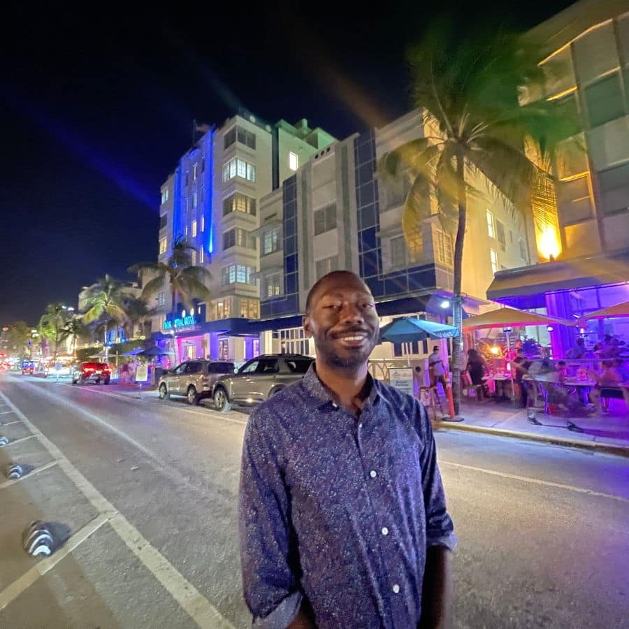 My husband on the street in South Beach at night. 