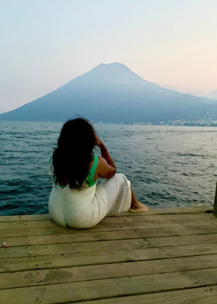 Admiring the sunset views of Lake Atitlan and the volcano from San Marcos