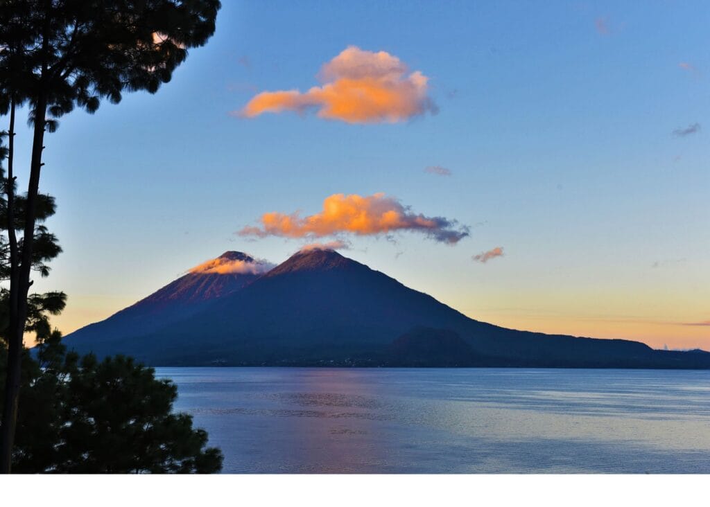 Views of Volcanoes Santiago and Sane Pedro de Atitlan across Lake Atitlan in the early morning