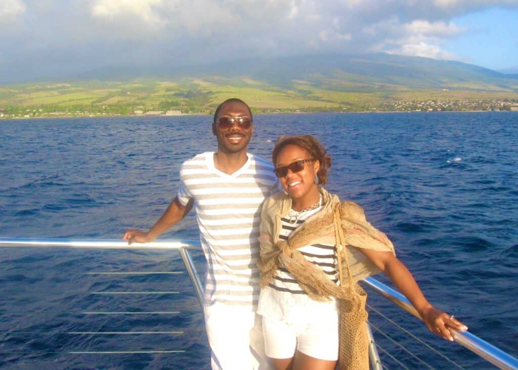 My husband and I on a catamarn in Maui, Hawaii wearing white. I brought a shawl along as it was windy