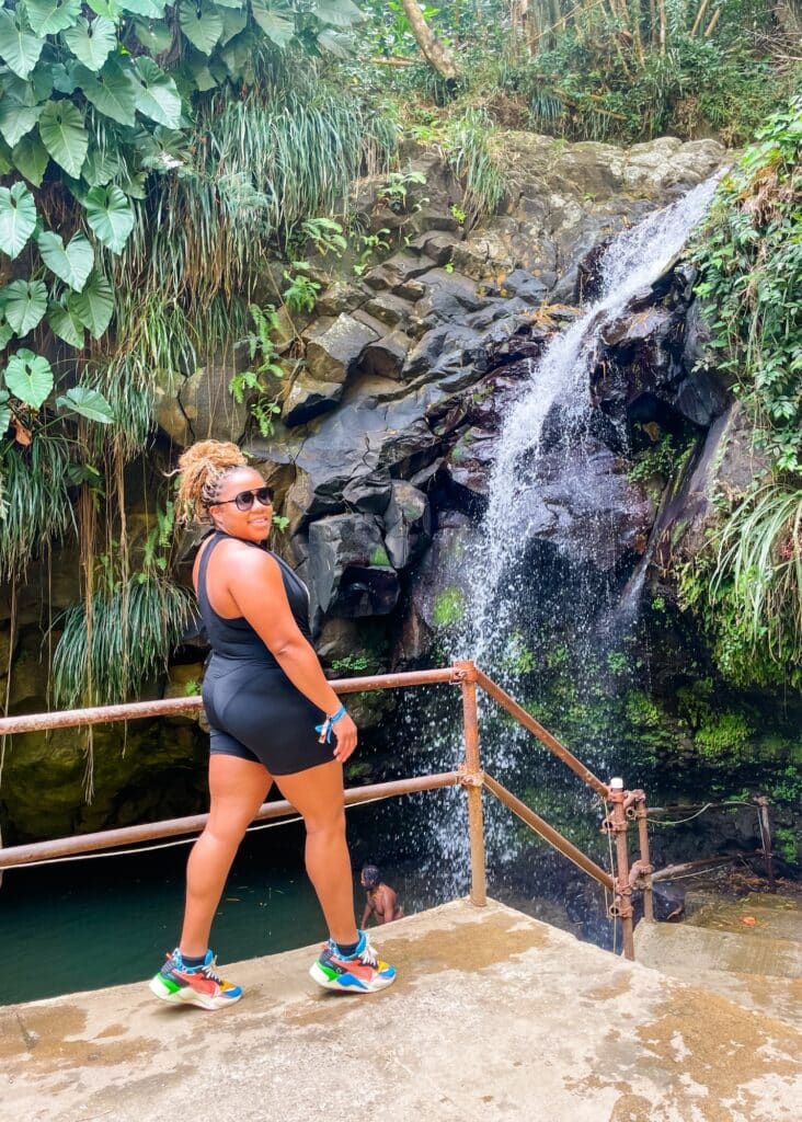 Me posing in front of the waterfall on our trip to Annadale Waterfall & Forest Park.