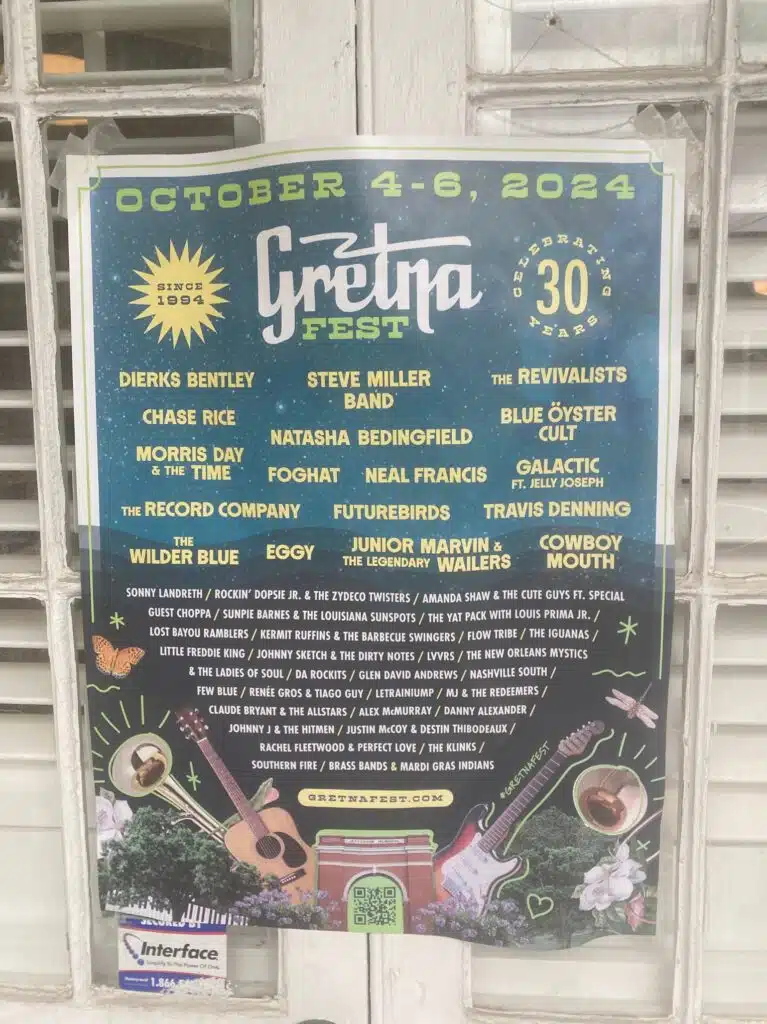A sign promoting Gretna Fest 2024 in New Orleans in the fall.