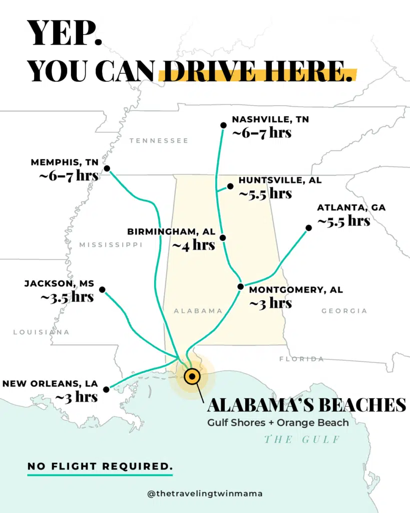 Map of how long it takes to drive to Gulf Shores, Alabama from neighboring states.